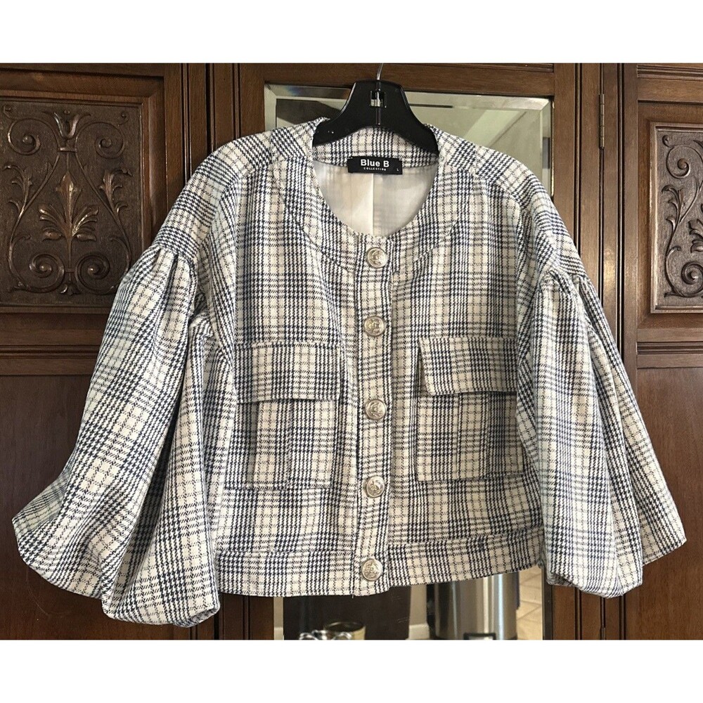 Blue B Cropped Plaid Jacket Size L Navy White Silver Button Front Puff Sleeve